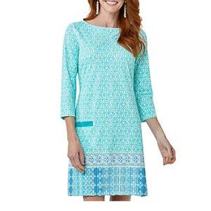 Womens Cabana Life Aqua Shift Boatneck Dress UPF 50 Stretch 3/4 Sleeve Casual XL